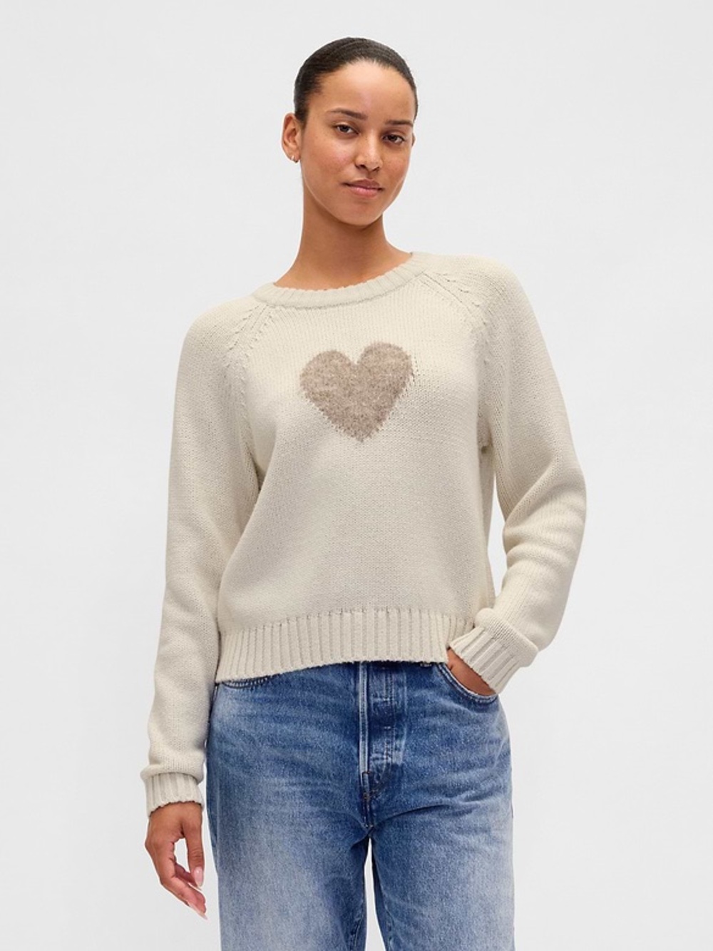 🤍 GAP Heart Cotton-Blend Raglan Crewneck Sweater Super Soft Cozy Large NWT